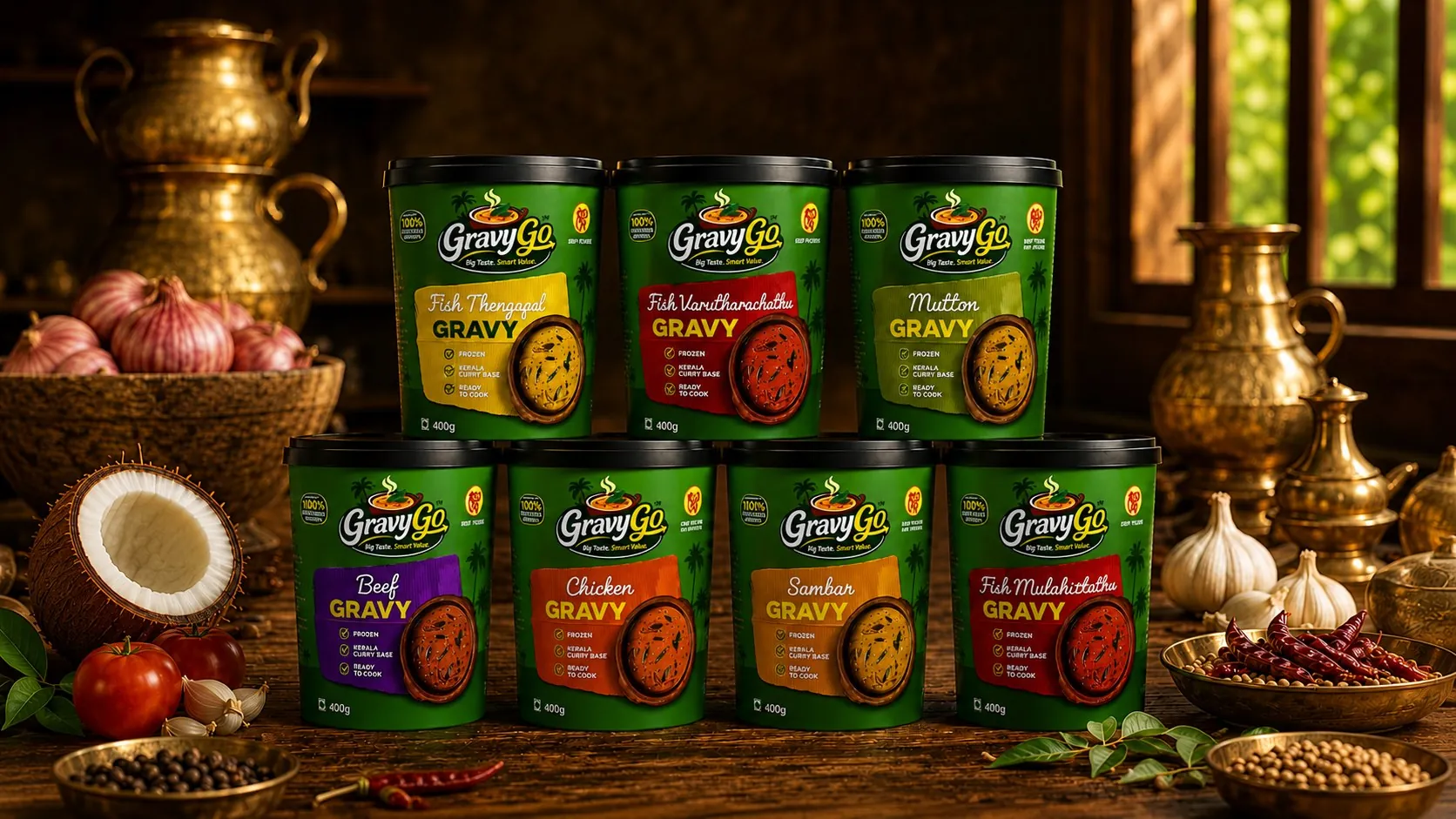 The complete GravyGo range of seven gravy tubs